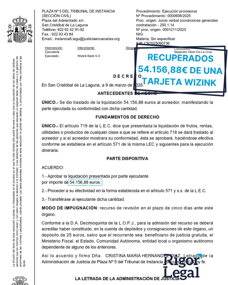 Anulada tarjeta revolving Wizink en Tenerife