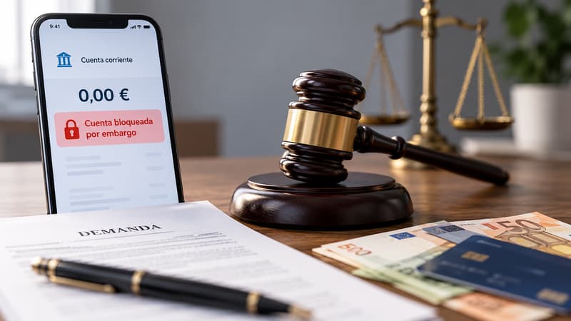 Cuenta bancaria bloqueada por embargo junto a un mazo judicial y una demanda